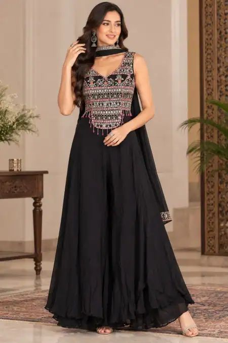 Black Embroidered Flared Palazzo Suit
