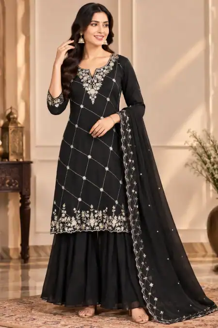 Black Embroidered Palazzo Suit