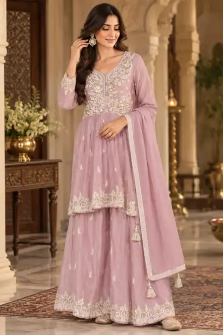 Blush Mauve Embroidered Palazzo Suit with Dupatta