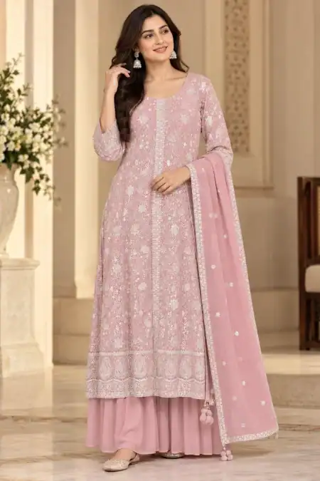 Blush Pink Floral Embroidered Palazzo Suit with Dupatta