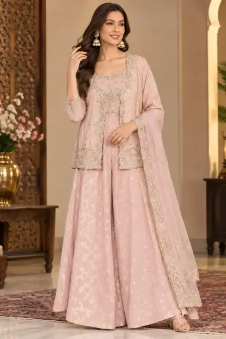 Blush Rose Embroidered Jacket Palazzo Suit