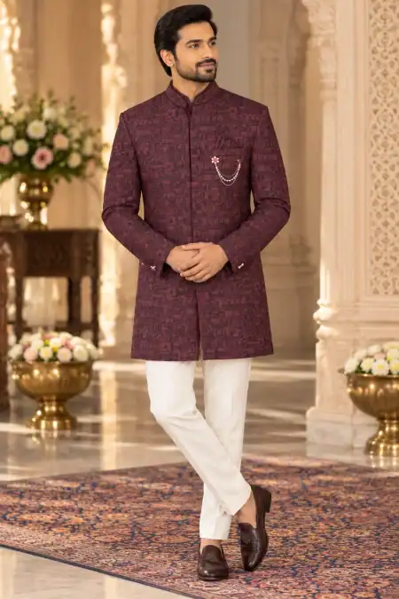 Burgundy Printed Blazer Suit with Brooch