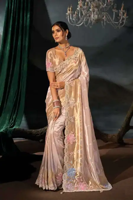 Champagne Gold Floral Embroidered Designer Saree