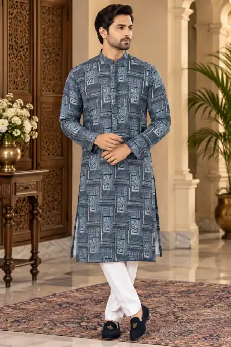 Classic Slate Blue Geometric Print Kurta