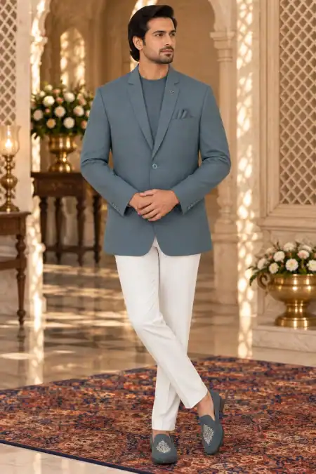 Classic Steel Blue Tailored Jodhpuri Blazer