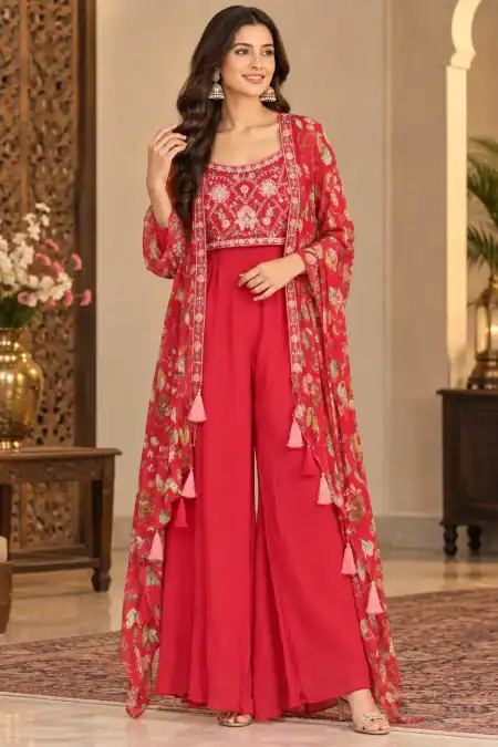 Coral Rani Pink Floral Printed Palazzo Suit