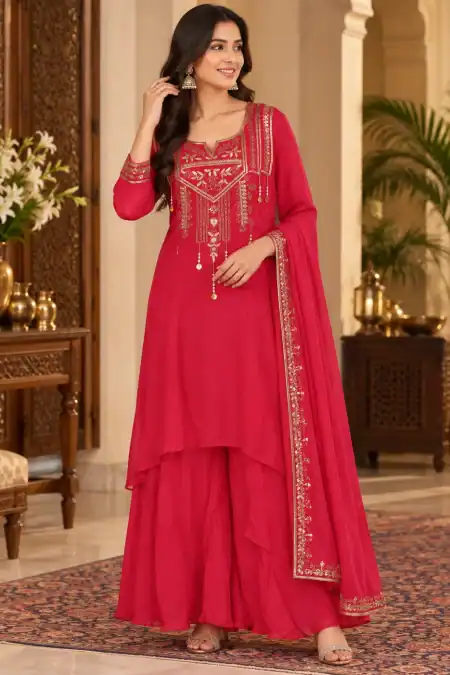Crimson Elegance Embroidered Palazzo Suit with Dupatta