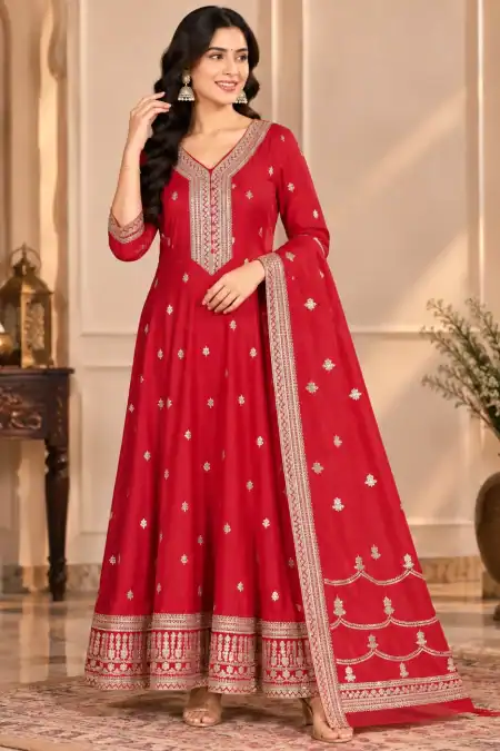 Crimson Red Embroidered Anarkali Salwar Kameez