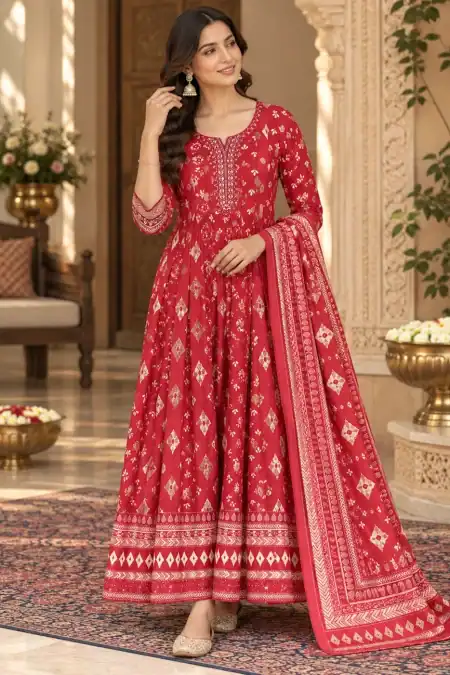 Crimson Red Printed Gown