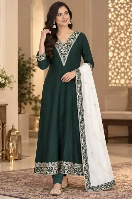 Deep Emerald Green Embroidered Anarkali Suits