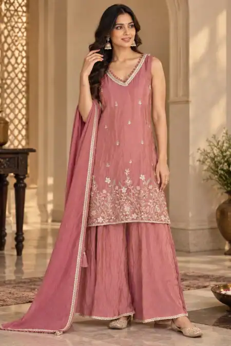 Dusty Rose Embroidered Palazzo Suit