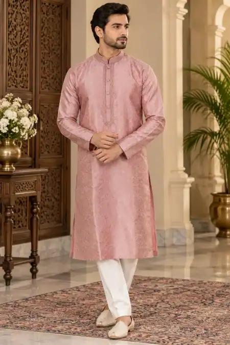 Elegant Blush Pink Jacquard Kurta Set