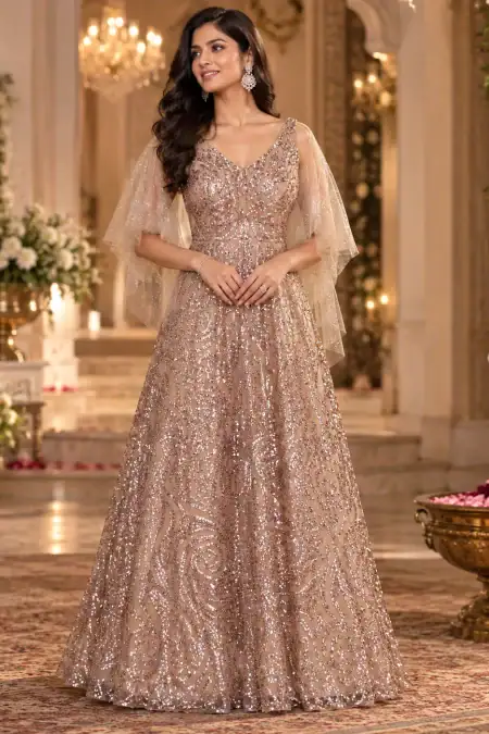 Elegant Champagne Brown & Black Sequin Embroidered Gown