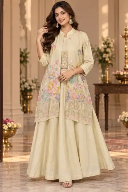 Elegant Cream Embroidered Jacket-Style Anarkali Dress