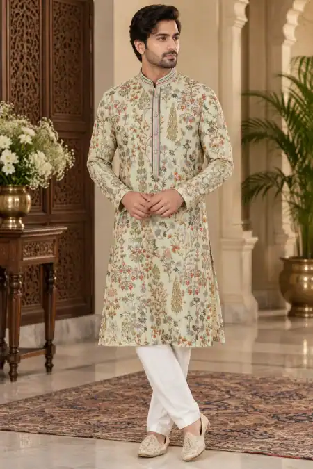 Elegant Floral Print Ivory Kurta Set