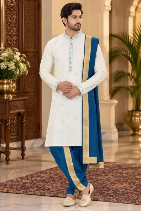 Elegant Ivory Blue Bandhani-Style Kurta Set