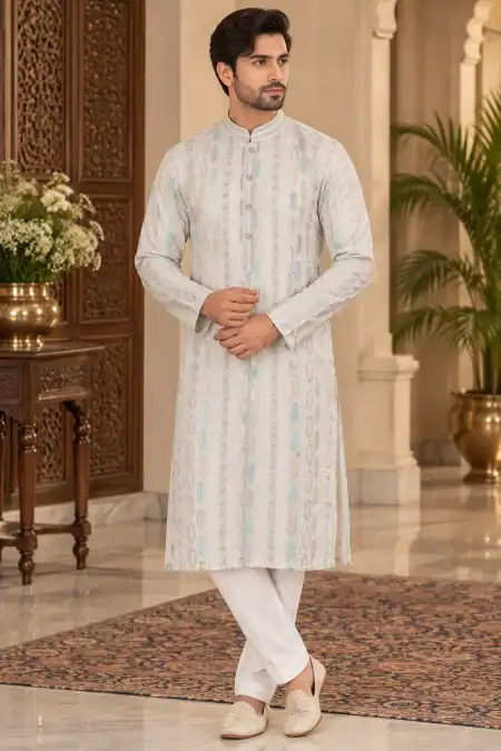 Elegant Ivory Pastel Embroidered Kurta Set