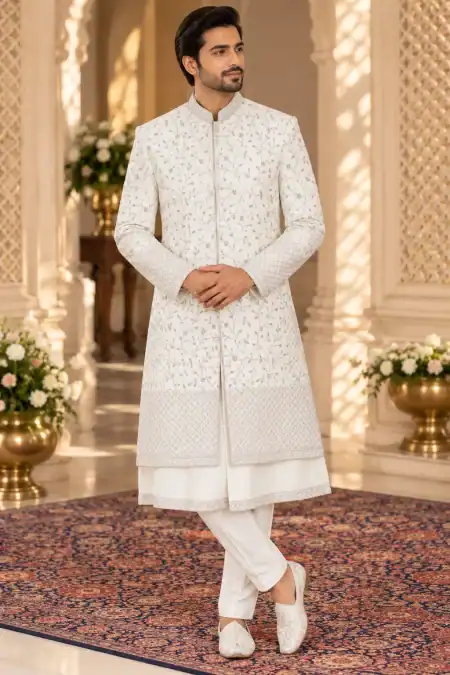 Elegant Ivory Vine-Embroidered Jodhpuri Suit