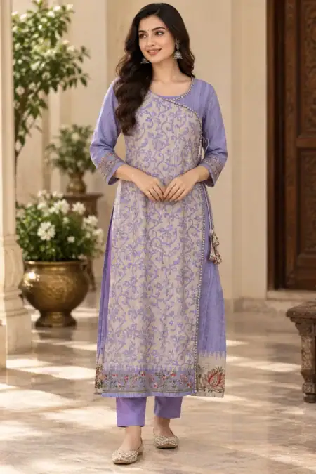 Elegant Lavender Floral Printed Straight Kurti