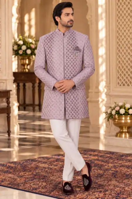 Elegant Lavender Jacquard Jodhpuri