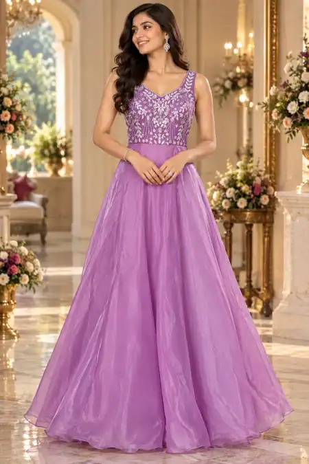 Elegant Lavender Purple and Ice Blue Embroidered Flared Gown