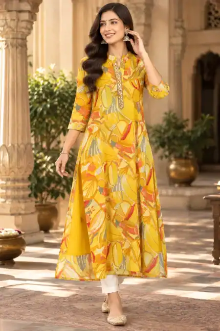 Elegant Mustard Yellow Abstract Printed Anarkali Kurti