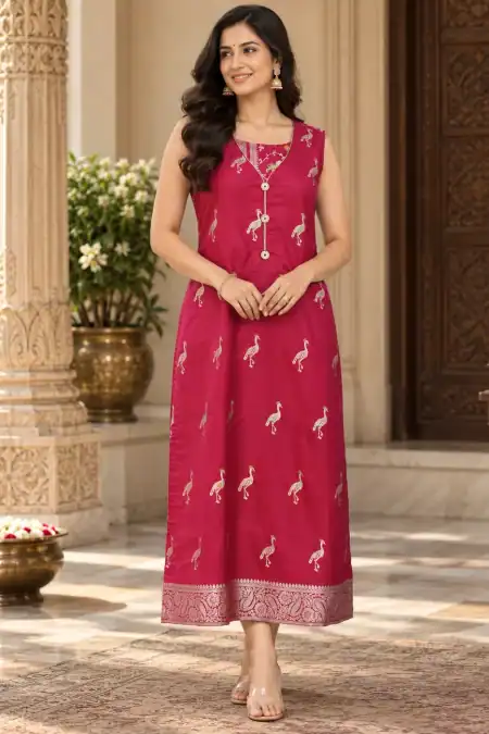 Elegant Raspberry Pink Crane Print Kurti