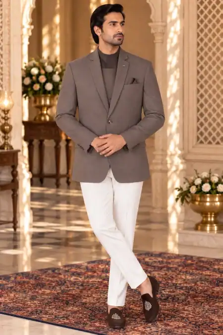 Elegant Taupe Jodhpuri Blazer with Bandhgala Styling