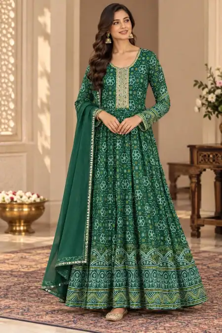 Emerald Green Printed Anarkali Suit