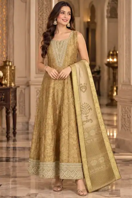 Golden Beige Jacquard Anarkali Salwar Kameez