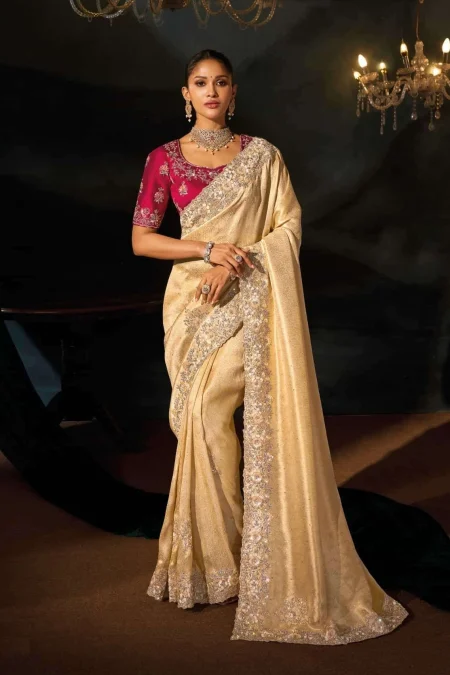 Golden Champagne Embroidered Saree with Rani Pink Designer Blouse