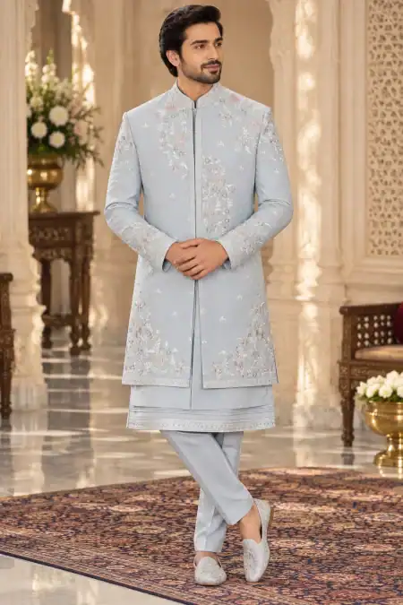 Ice Blue Floral Embroidered Jodhpuri Suit