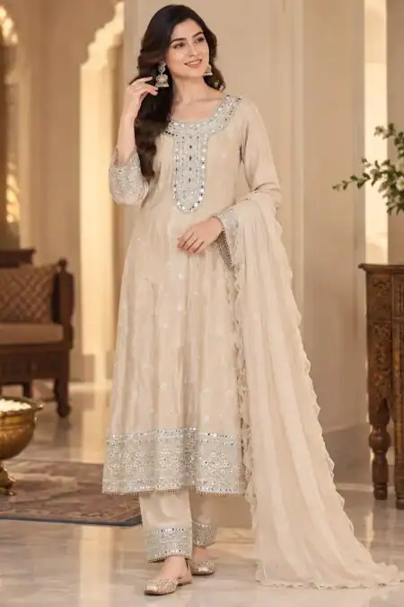 Ivory & Lavender Printed Anarkali Suit