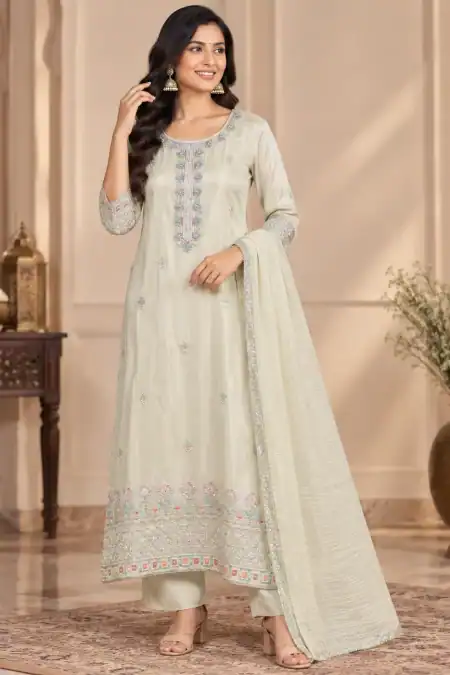 Ivory Floral Embroidered Anarkali Salwar Kameez