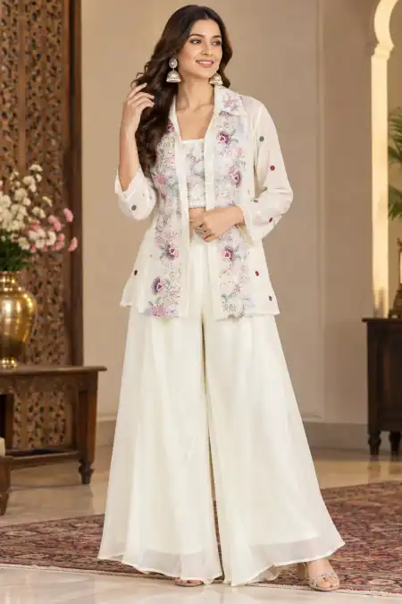 Ivory Floral Embroidered Palazzo Jacket Style
