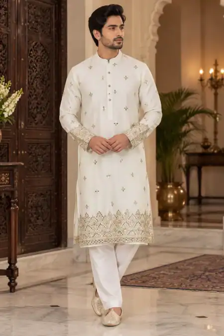 Ivory Gold Embroidered Festive Kurta