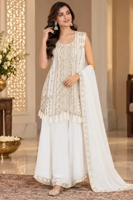 Ivory Pearl Embroidered Palazzo Suit with Dupatta