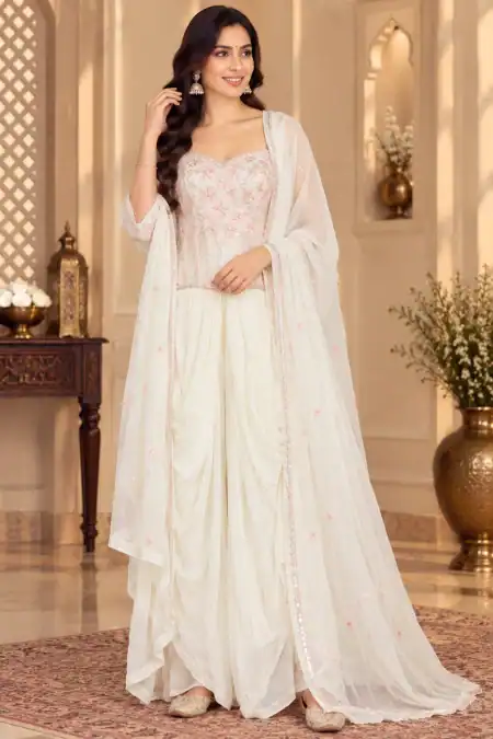 Ivory Pink Floral Embroidered Palazzo Suit