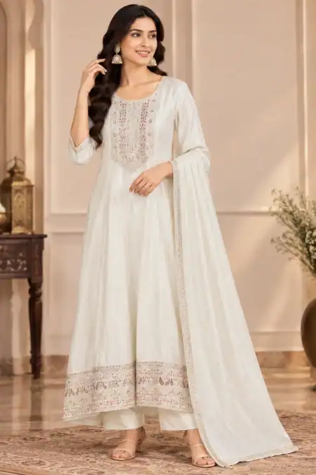 Ivory White Embroidered Anarkali Salwar Kameez