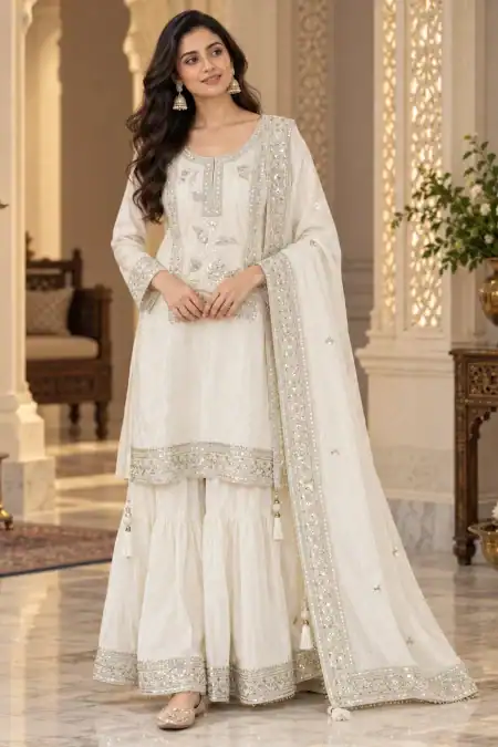 Ivory White Embroidered Palazzo Suit
