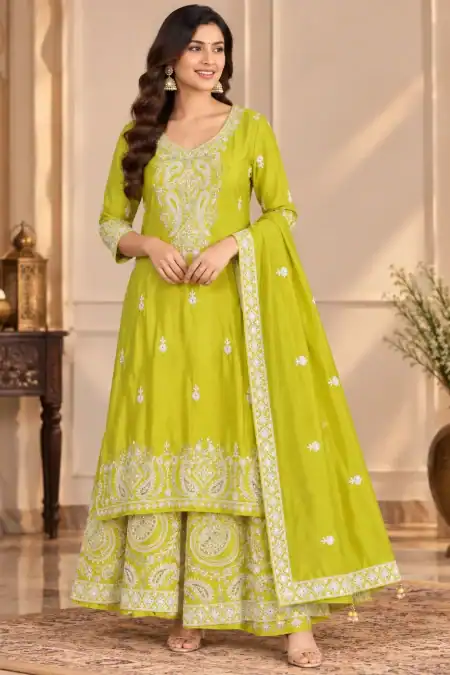Lime Green Embroidered Palazzo Suit