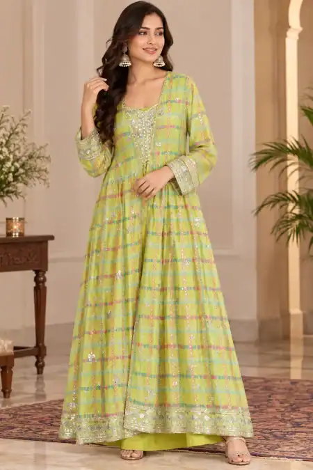 Lime Green Printed Anarkali Suit