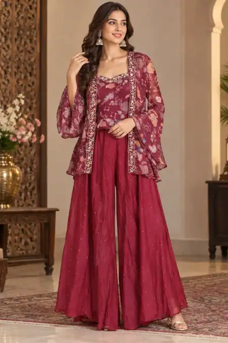 Maroon Floral Printed Palazzo Suit