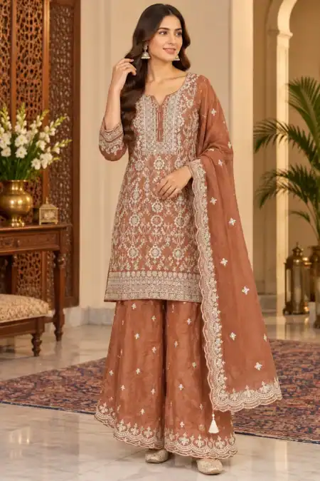 Mocha Brown Embroidered Palazzo Suit with Dupatta
