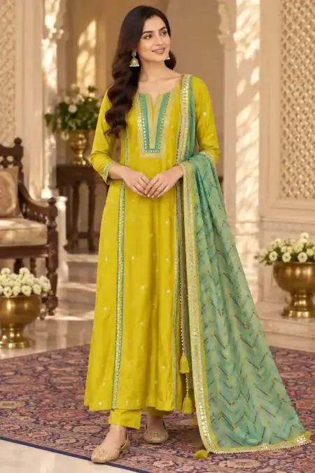 Mustard Yellow Anarkali Suit with Printed Dupatta