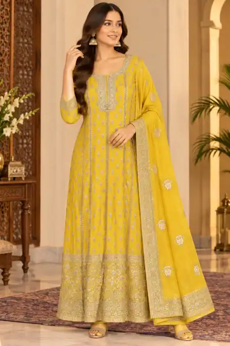 Mustard Yellow Embroidered Anarkali Suit with Dupatta