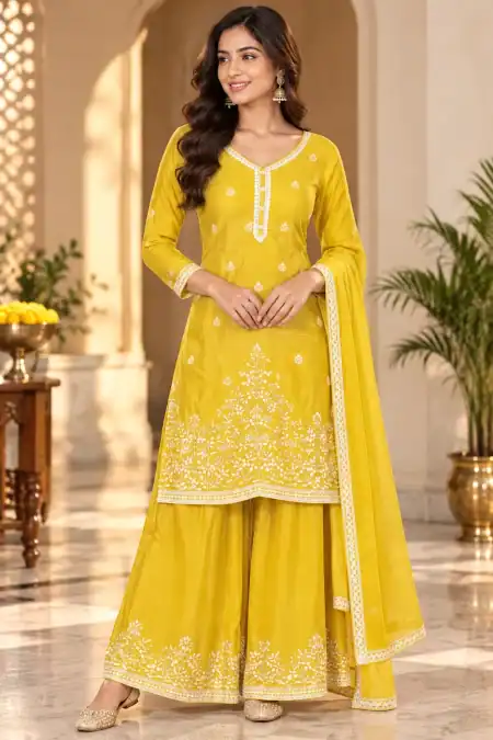 Mustard Yellow Embroidered Palazzo Suit with Dupatta