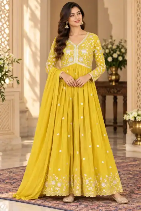 Mustard Yellow Floral Embroidered Anarkali Suit
