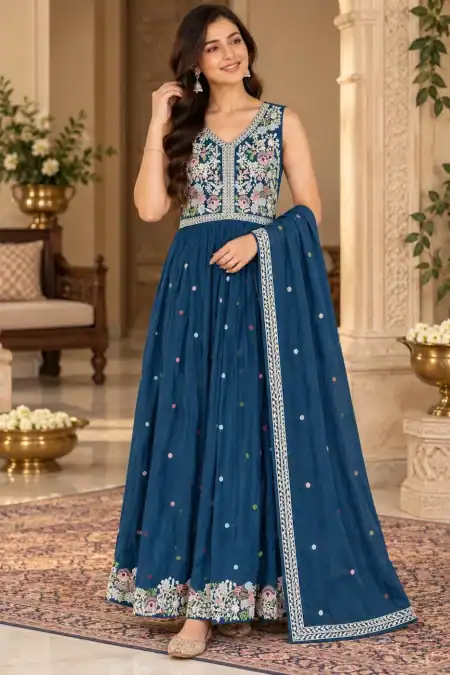 Navy Blue Floral Embroidered Anarkali Suit