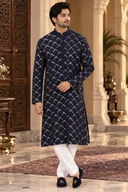 Navy Blue Geometric Patterned Kurta